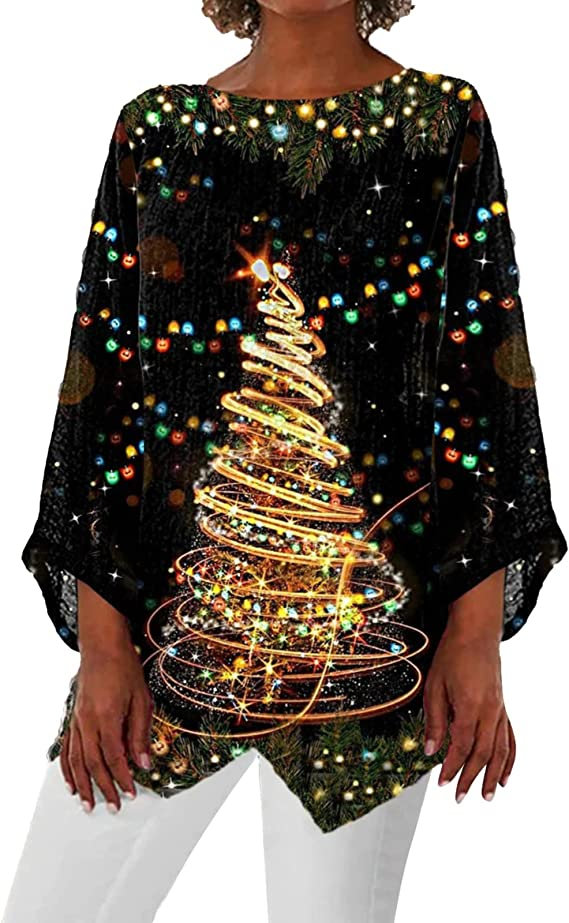 Womens Ugly Christmas Sweater Casual Loose O Neck Irregular Hem Long Sleeve Top Sweatshirts 2