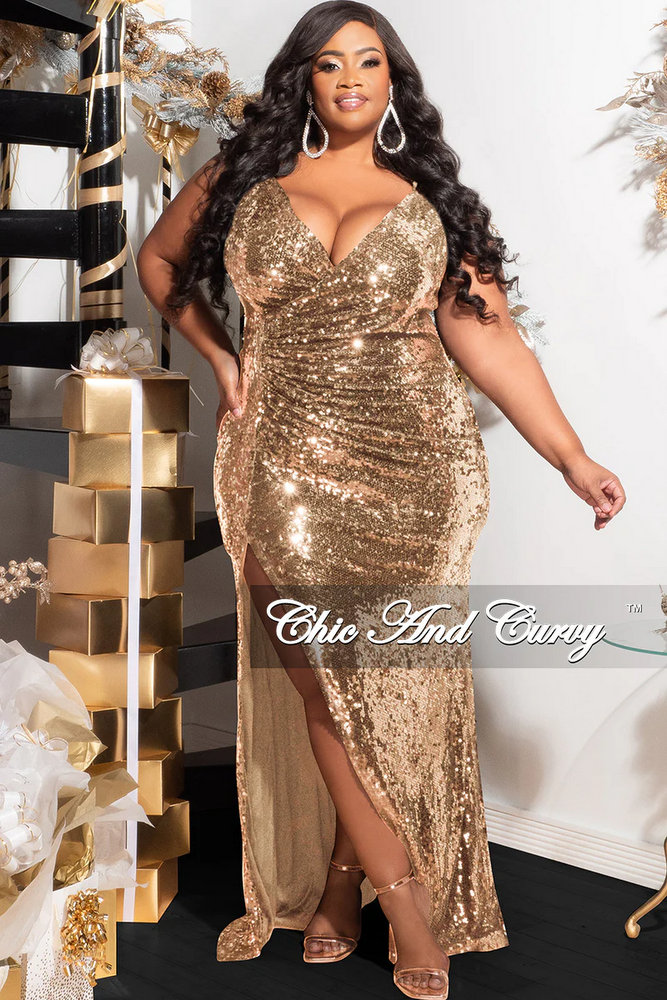 Plus Size Spaghetti Strap Faux Wrap High Slit Sequin Gown in Gold 1 1