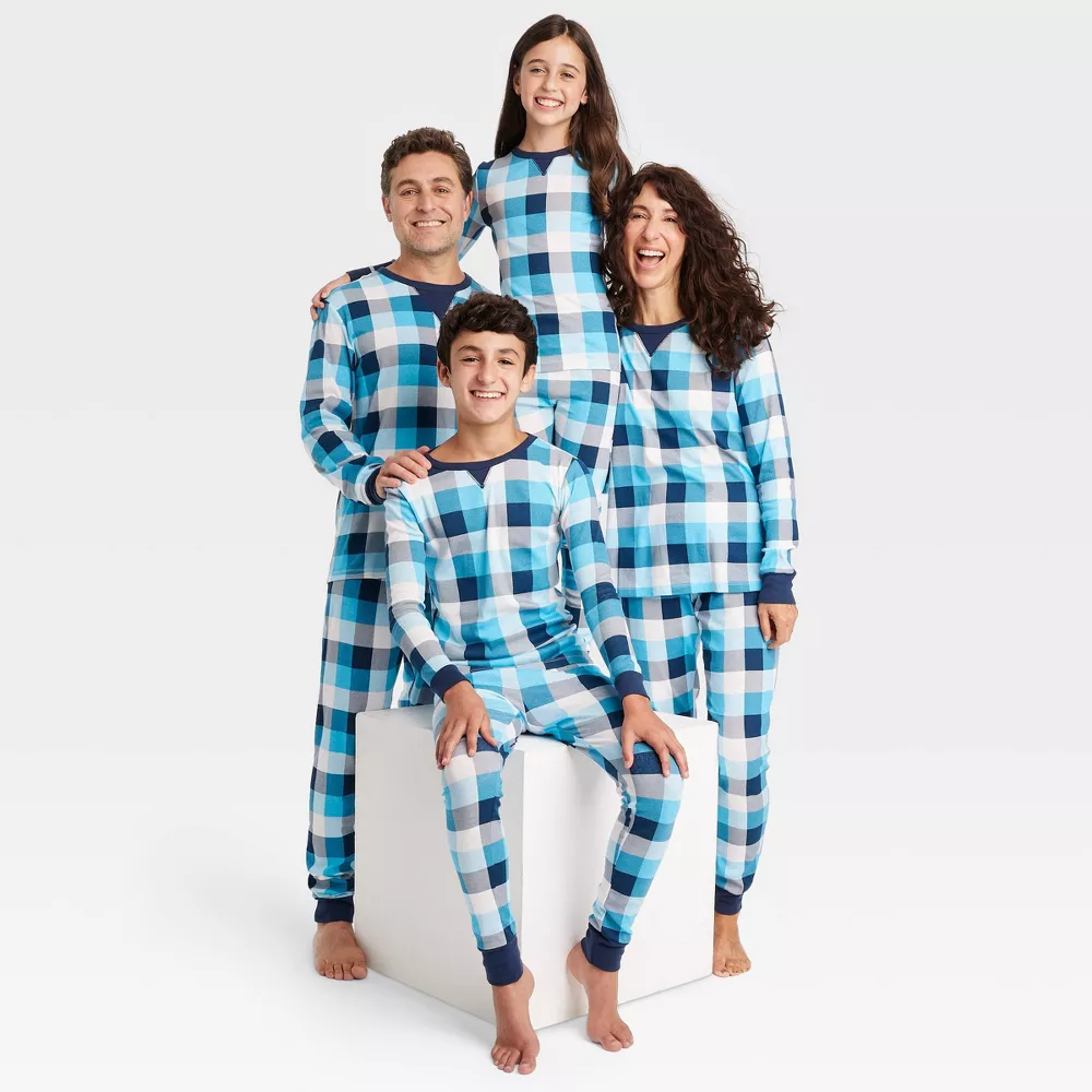 Women's Hanukkah Buffalo Check Print Matching Family Pajama Set - Blue