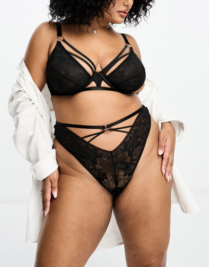 ASOS DESIGN Curve Adrianna satin and lace strappy thong in black