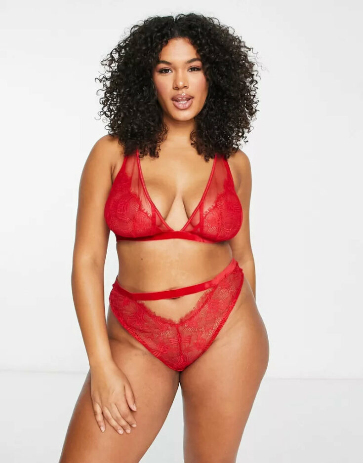 ASOS DESIGN Curve Viv lace and mesh high waisted brazilian brief with velvet trim in red