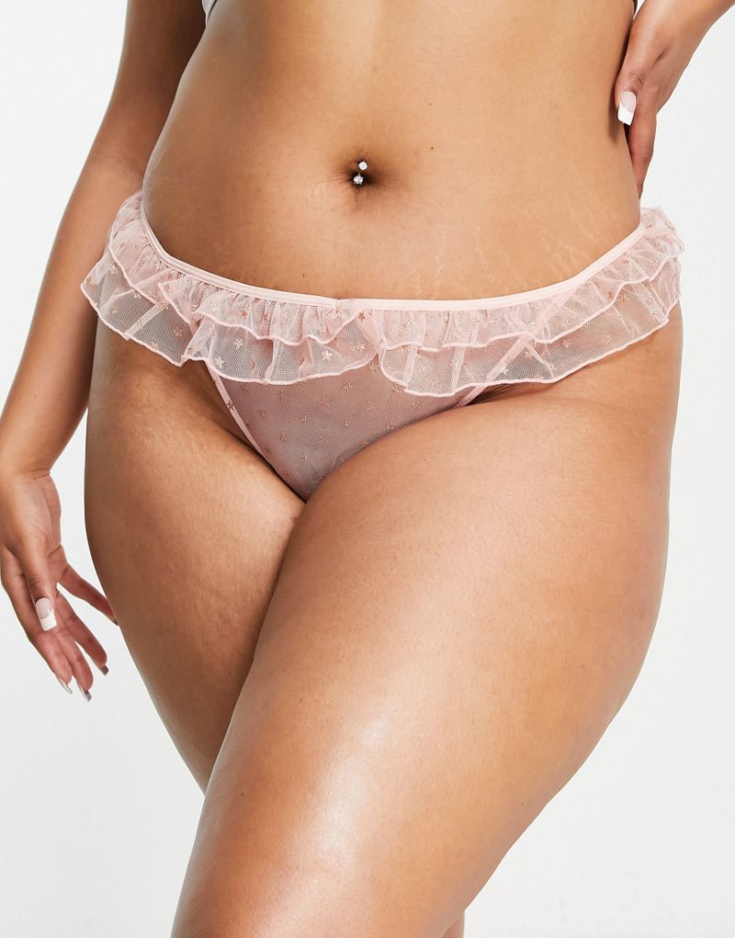 ASOS DESIGN Curve mesh glitter thong with bag in pink