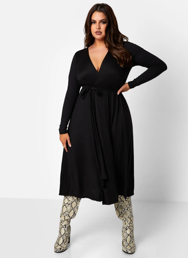 Plus size workwear- All At Once Wrap Skater Midi Dress - Black