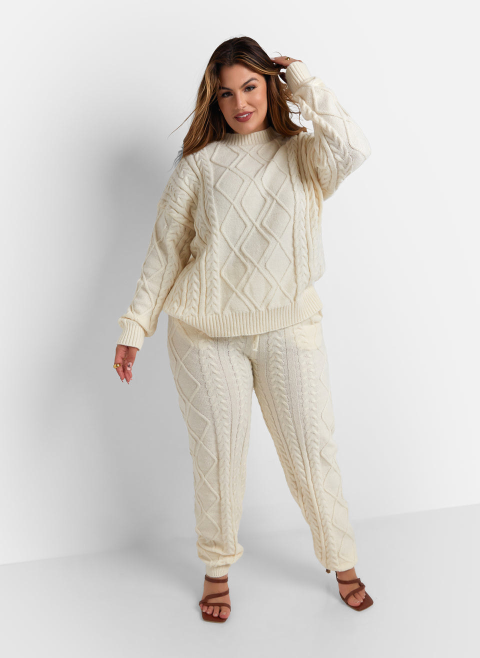 Winter Plus size loungewear from Rebdolls Claudia CABLE KNIT JOGGERS W. POCKETS - IVORY