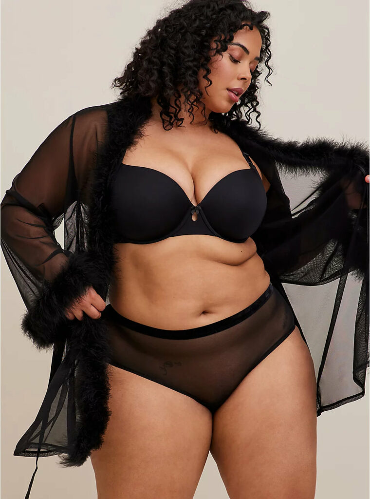 Torrid Super Sexy Lingerie Collection-MARABOU CUT OUT CHEEKY PANTY - MESH BLACK