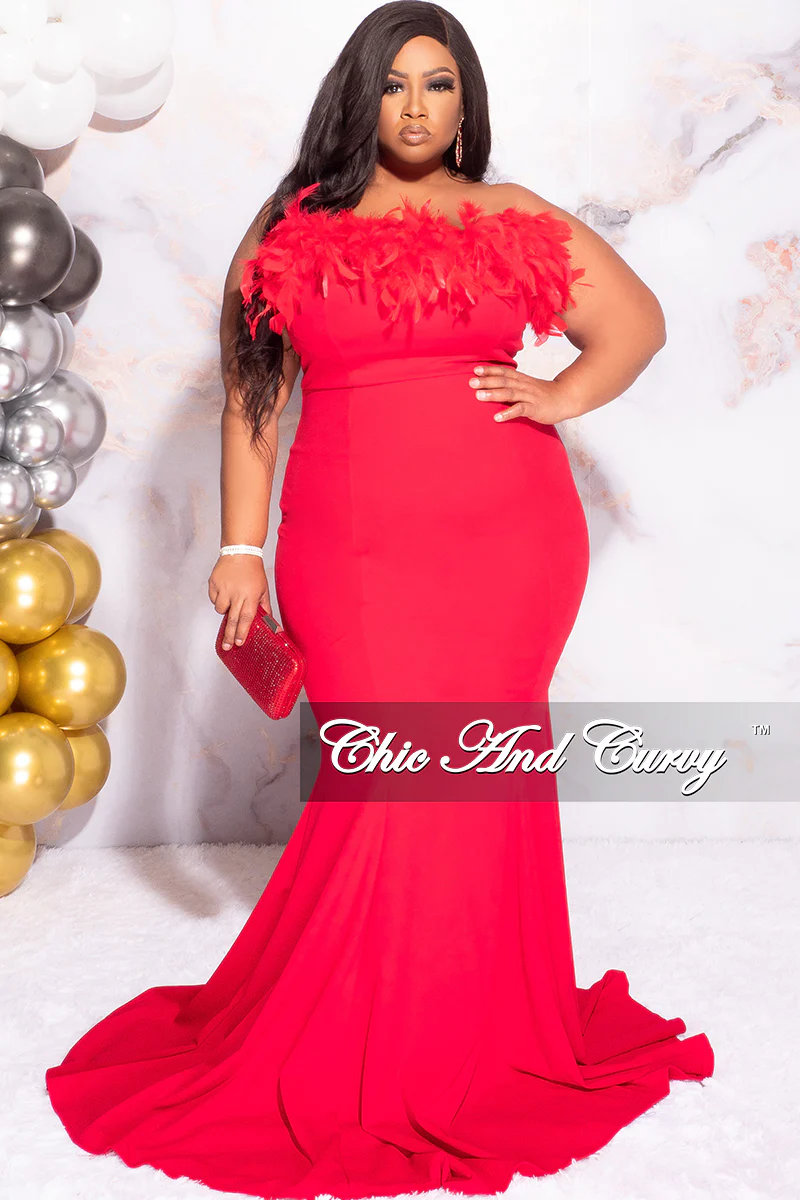Plus Size Feather Strapless Gown in Red 1