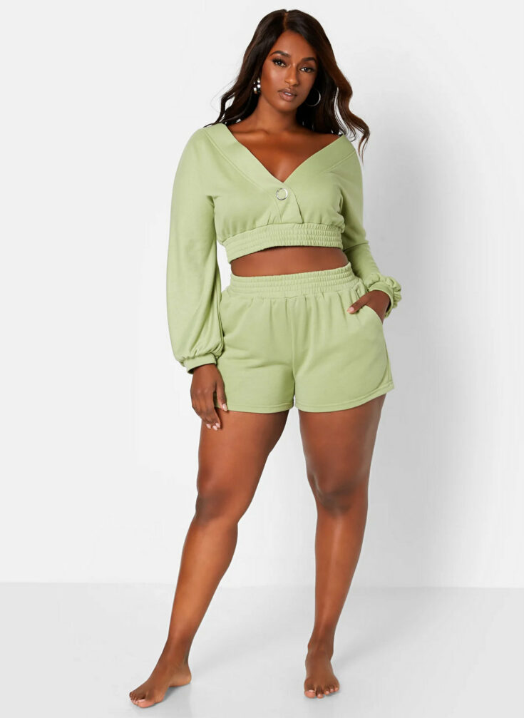 Stay Fresh Snap Front Crop Top Shorts W. Pockets Set Sage Green 1