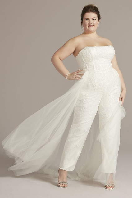 Bridal jumpsuit with outer skirt Davids Bridal