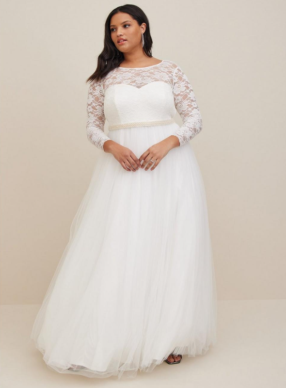 Ivory Lace Tulle Beaded Sash A Line Wedding Dress Torrid
