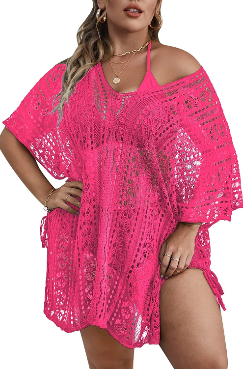 MakeMeChic Womens Plus Size Swimsuit Cover Up Crochet Swim Beach Bikini Cover Up Dress Amazon