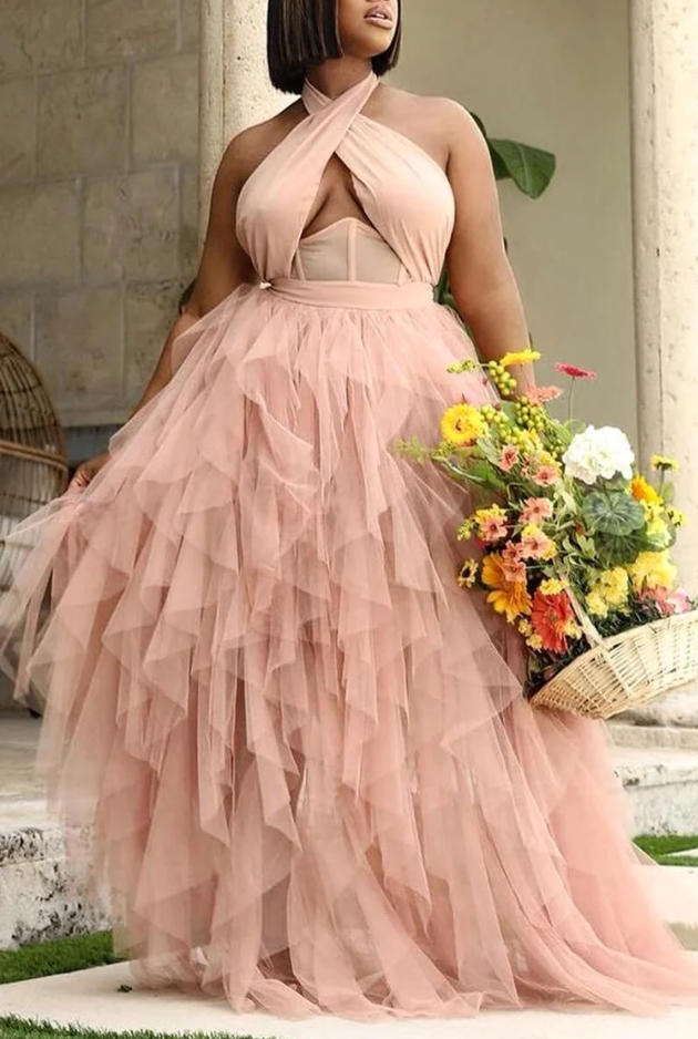 Plus Size Formal Dresses Pink Backless Sleeveless See through Tulle Overlay Maxi Dress Xpluswear