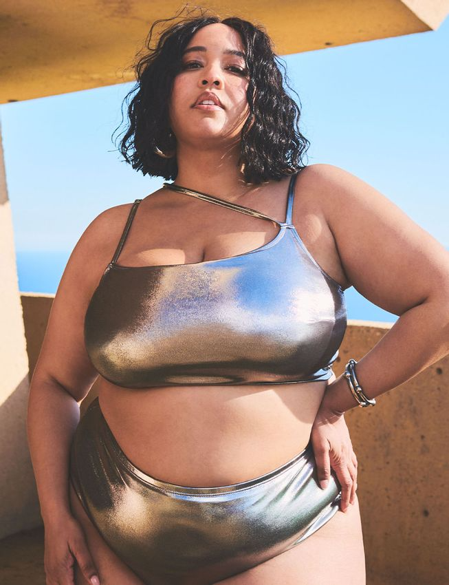Plus size metallic swimsuits- Gabi Fresh Swim x ELOQUII Asymmetrical Neckline Bikini Top