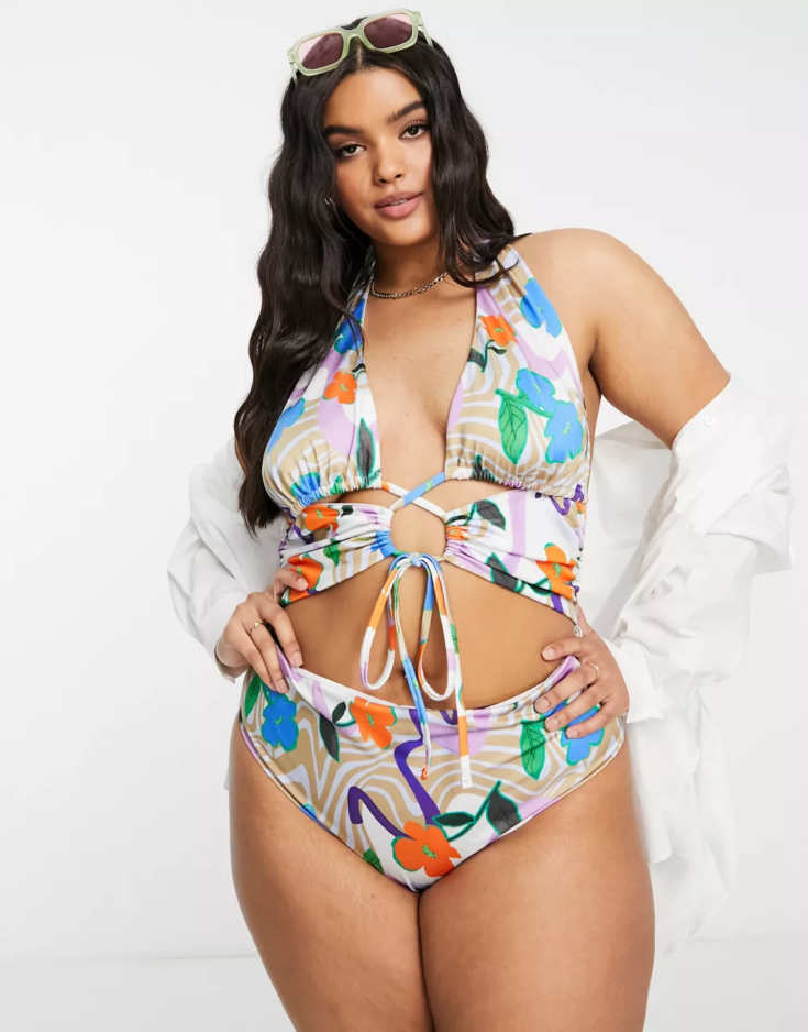 ASOS DESIGN Swimsuit with lace curves with swirly floral print