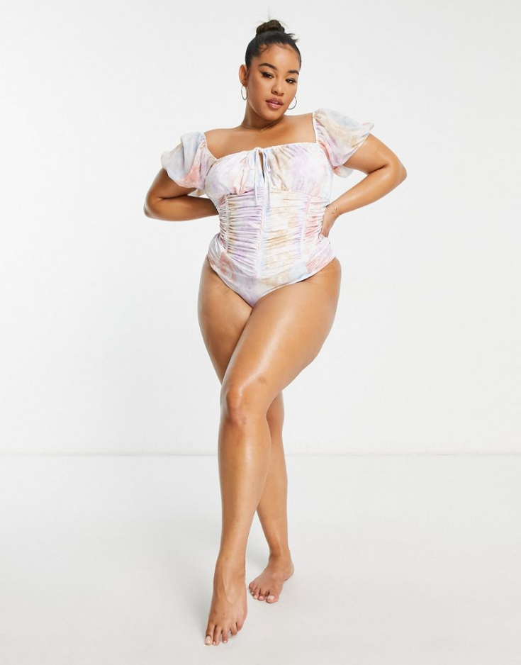 ASOS LUXE Curve Swimsuit with puff sleeves corset in toile de jouy