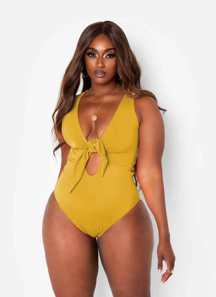 HAPPY HOUR TIE FRONT KEYHOLE SWIMSUIT MUSTARD