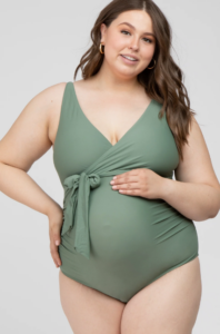 Olive Waist Tie Maternity Plus One-Piece Swimsuit - PINKBLUSH