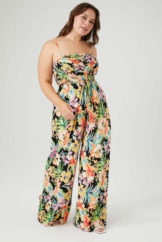 Plus Size Tropical Print Cami Jumpsuit- Plus Size Floral Prints 