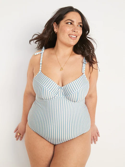 Seersucker striped one-piece swimsuit with frame for women