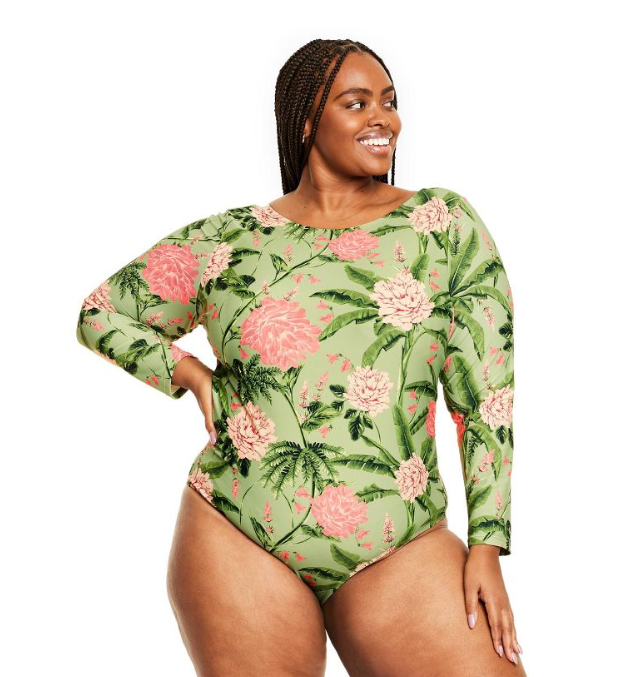 Womens Large Peony Print Long Sleeve Medium Coverage One Piece Swimsuit Agua Bendita x Target Olive Blush Target