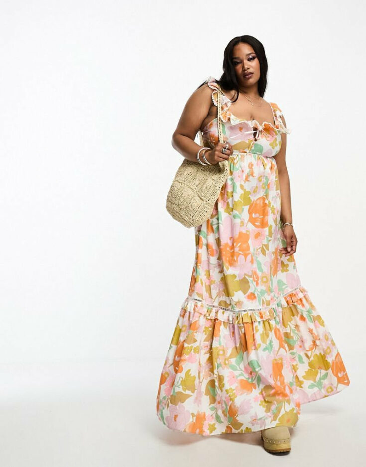 ASOS DESIGN Curve ruffle maxi sundress with lace inserts in retro floral