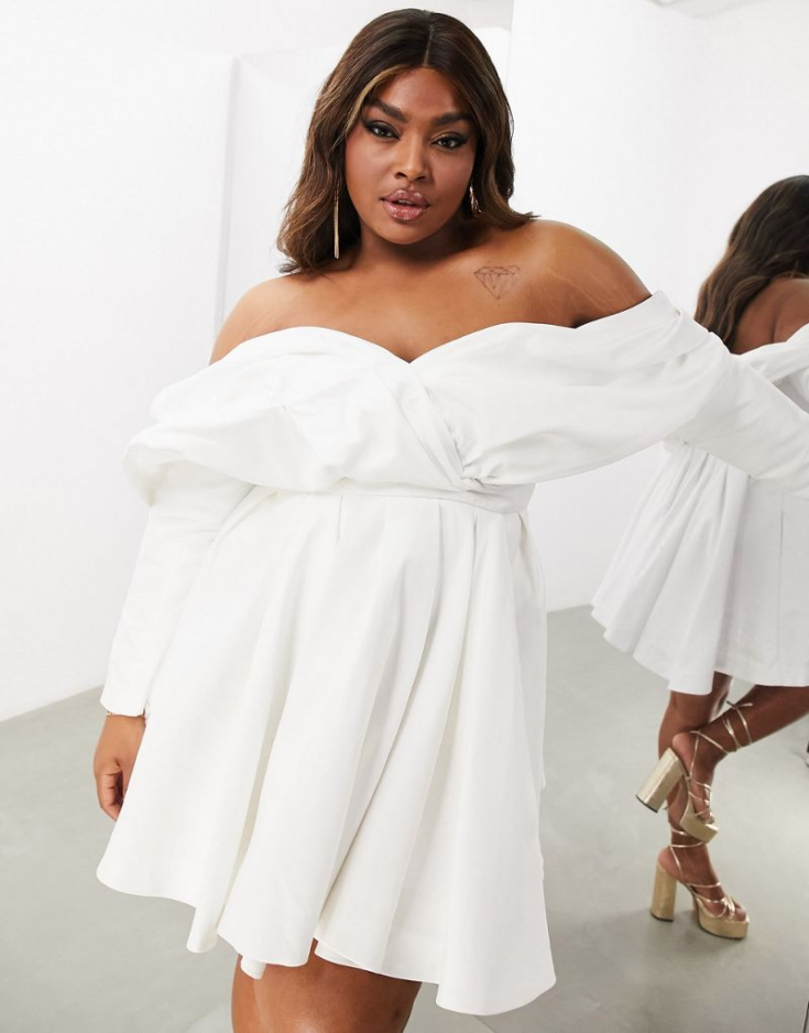 ASOS EDITION Curve Lila satin structured off shoulder mini wedding dress with full skirt in ivory