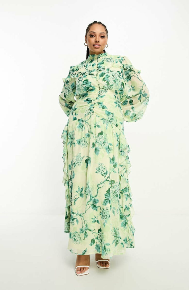 Curve Floral Ruched Bodice Long Sleeve Maxi Dress