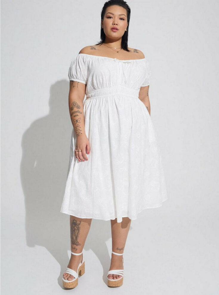 Off-the-Shoulder Voile Embroidered Midi Dress