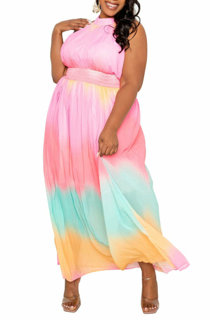 Rainbow Ombre Pleated Halter Maxi Dress