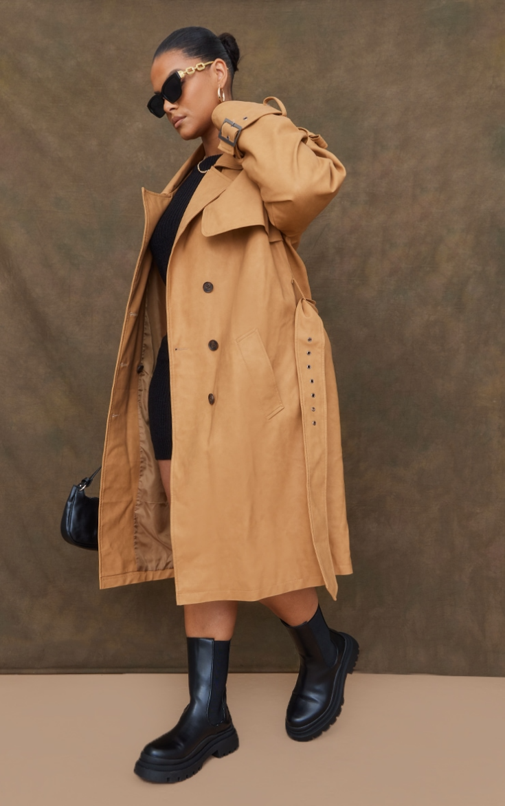 Plus Beige Faux Leather Statement Buckle Trench Coat