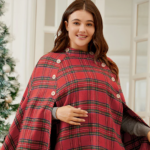 white woman smiling in red and green plaid cape