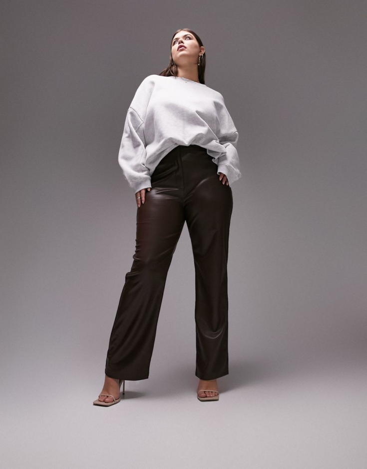 Topshop Curve faux leather straight leg pants in chocolate