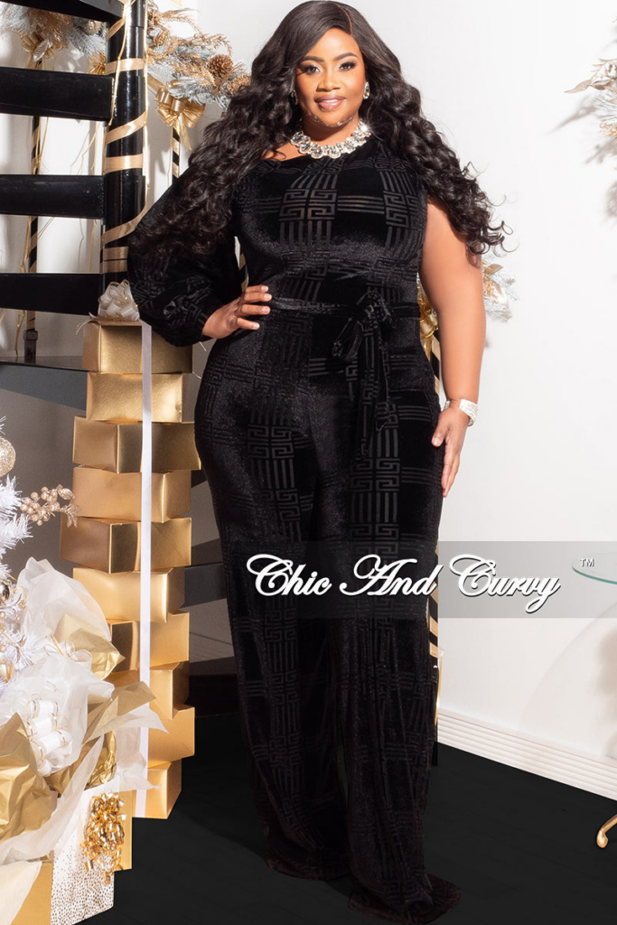 Plus Size One Sleeve Velvet Jumpsuit In Black Embossed Print- Chic & Curvy Holiday Collection