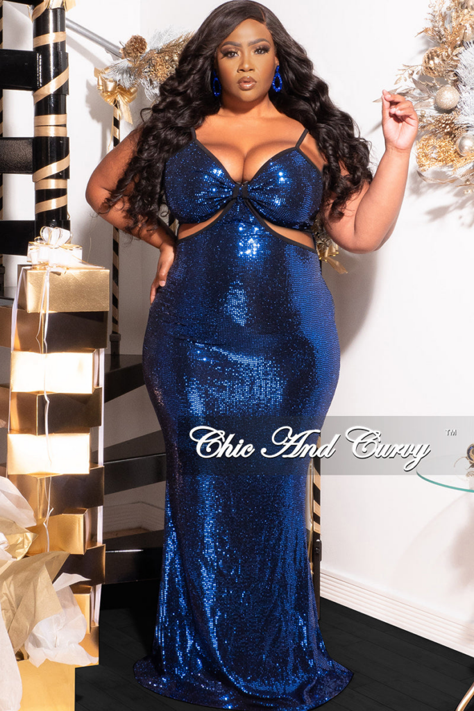 Plus Size Spaghetti Strap Sequin Gown With Cut Outs In Royal Blue- Chic & Curvy Holiday Collection