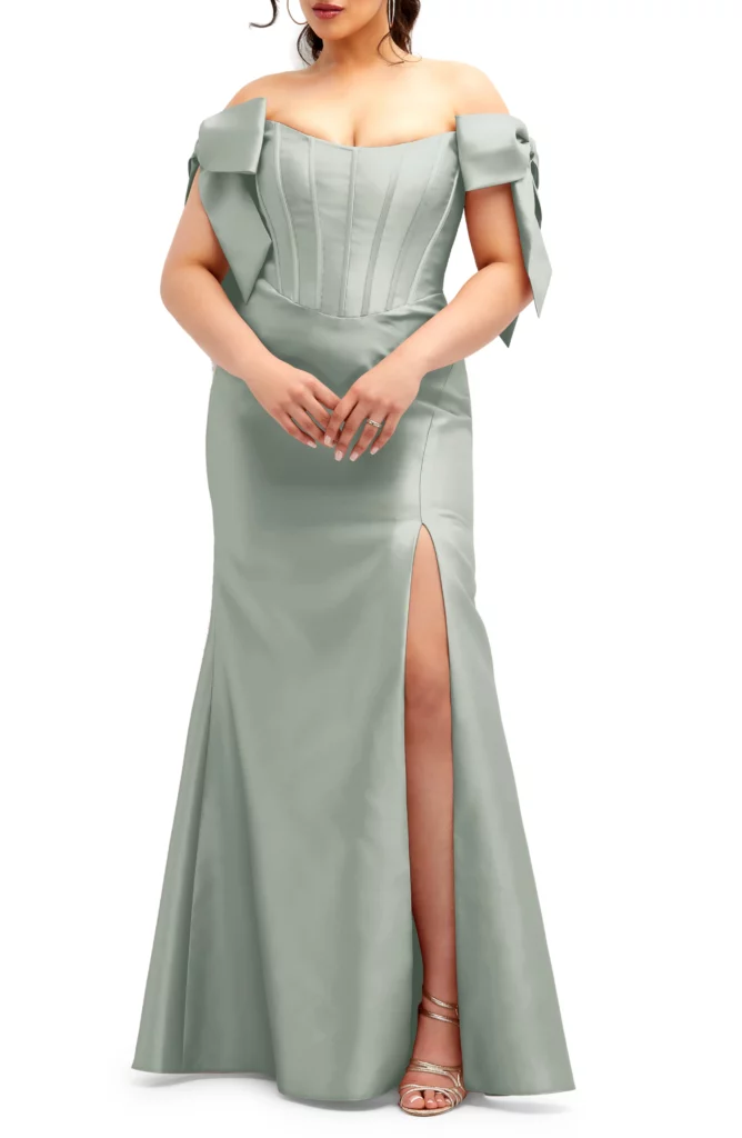 Plus Size Prom Dress Guide- Off the Shoulder Bow Corset Satin Trumpet Gown at Nordstrom.com