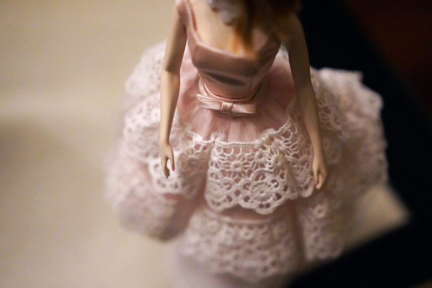 photo of barbie from the neck down in a pink dress with lace on the skirt
