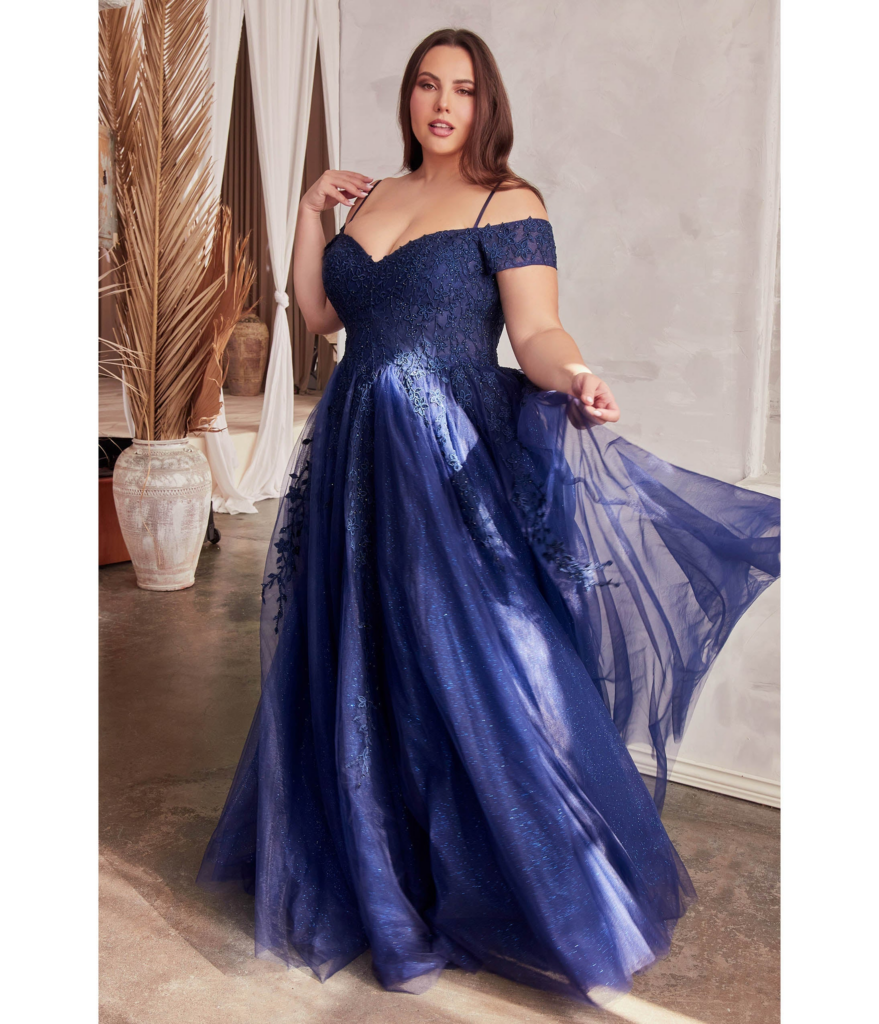 plus size prom dress guide- Cinderella Divine Plus Size Navy Glitter Tulle Off The Shoulder Applique Slit Gown at UniqueVintage.com