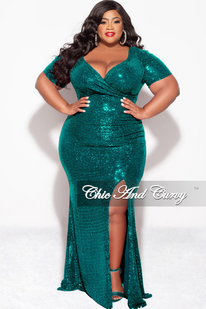 Deep V-Neck Dress In Confetti Dot Knit Sequin In Emerald Green at ChicandCurvy.com