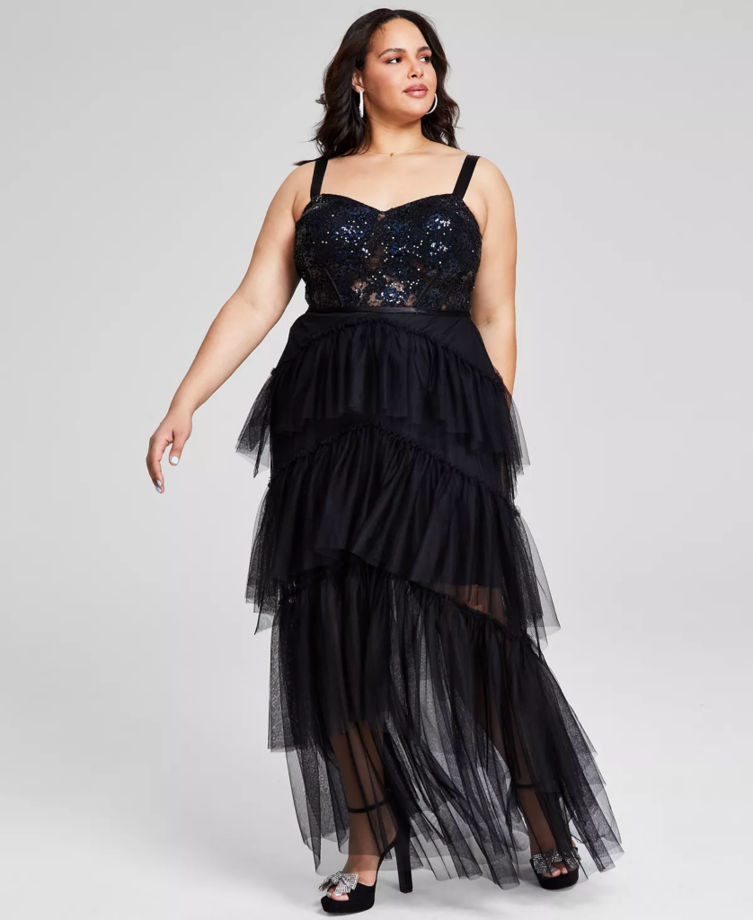 plus size prom dress guide- Plus Size Sequin Tiered Mesh Gown at Macys.com
