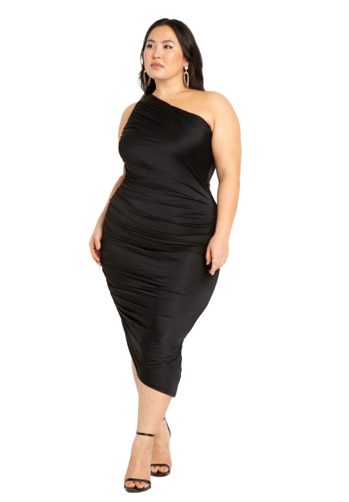plus size wardrobe essentials- Ruched One Shoulder Dress at eloquii.com