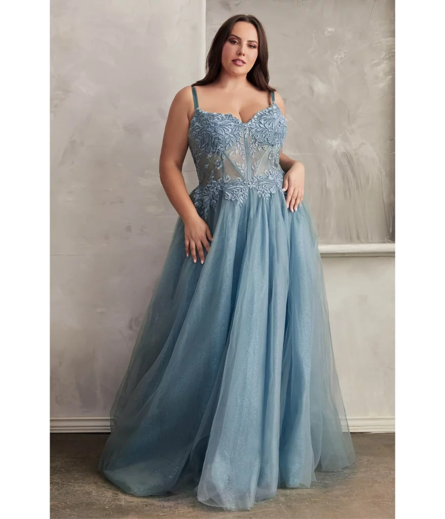 Cinderella Divine Plus Size Blue Foliage Applique Corset Tulle Gown at UniqueVintage.com