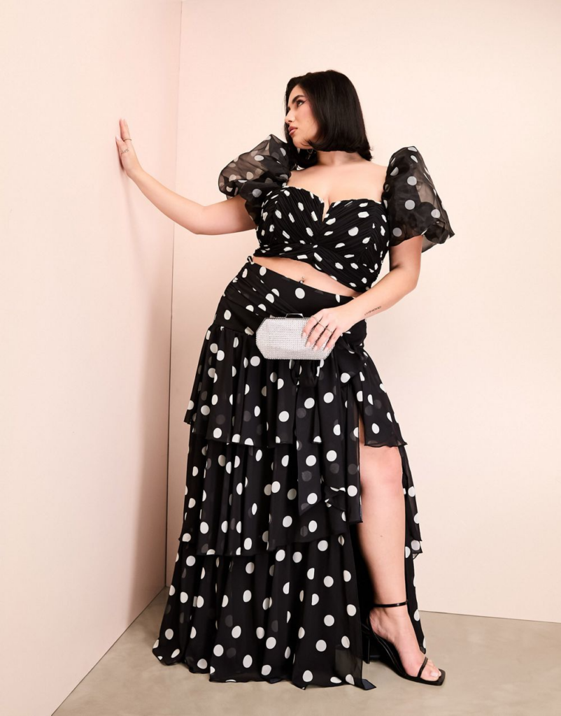 ASOS LUXE Curve organza puff sleeve polka dot top with bow back and maxi set