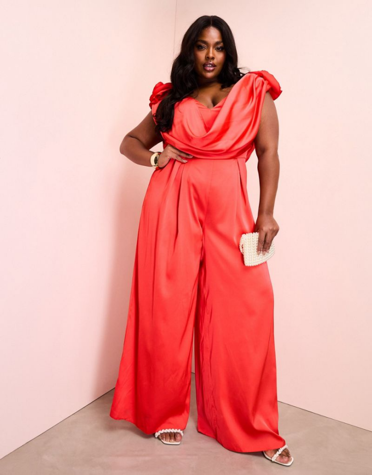 ASOS LUXE Curve satin corsage plunge neck wide leg jumpsuit in red