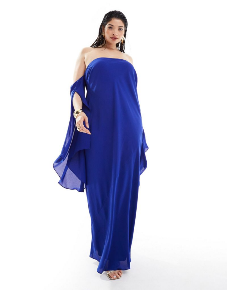 ASOS DESIGN Curve exclusive bardot maxi dress with exaggerated split sleeve in cobalt blue