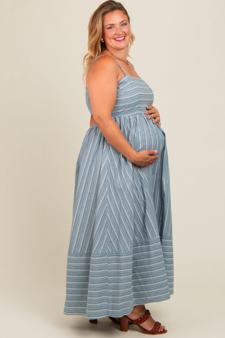 Blue Striped Cutout Back Maternity Plus Maxi Dress