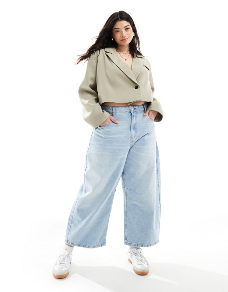 Curve cropped barrel leg jeans with cinch waist in midwash blue