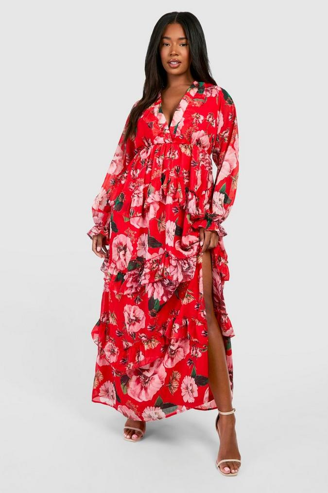 PLUS FLORAL CHIFFON RUFFLE MAXI DRESS