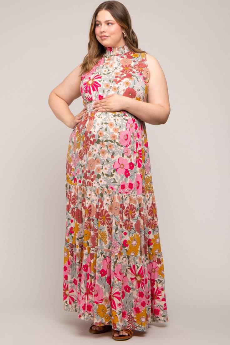 Pink Floral Mock Neck Maternity Plus Maxi Dress