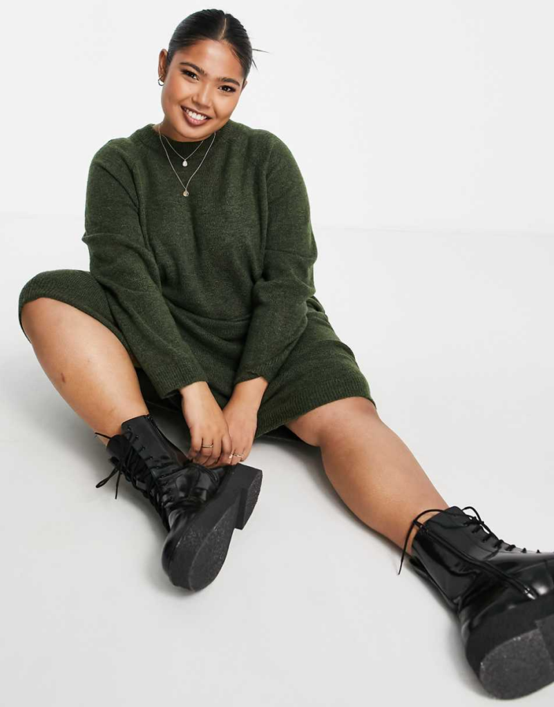 Pieces Curve midi sweater dress in dark green

plus size college wardrobe essentials 