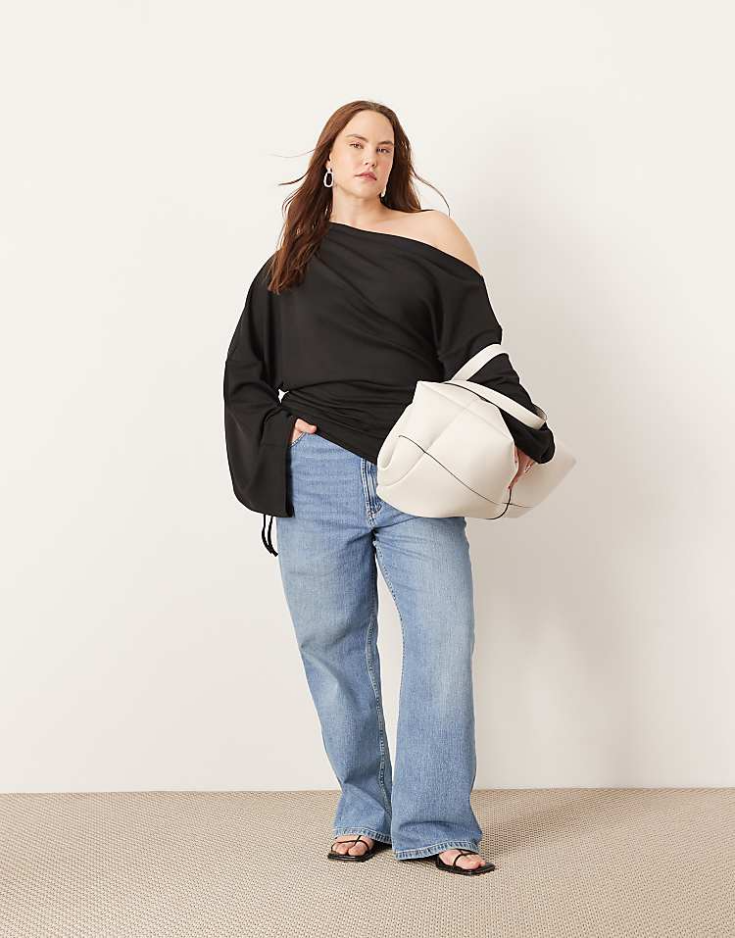 ASOS EDITION Curve jersey off shoulder top with ruched sleeve detail in black