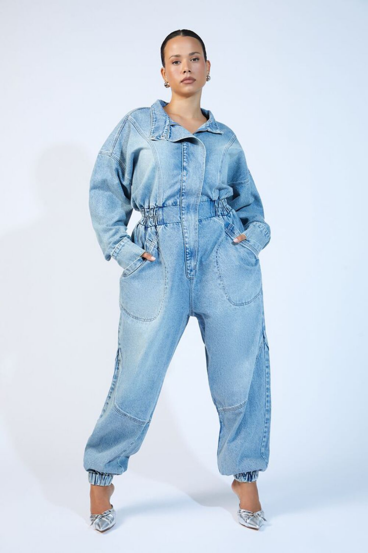 Plus Size Denim Funnel Neck Jumpsuit